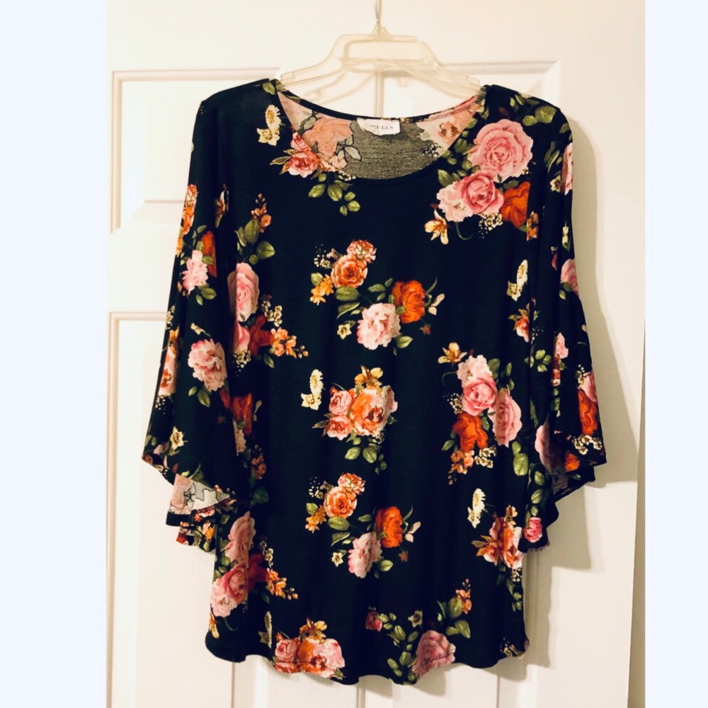 Emelia Black Floral Print Bell Sleeve Top, Size L